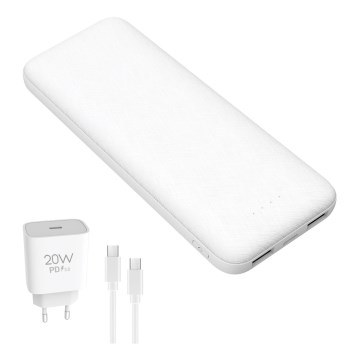Acumulator extern 10000 mAh + adaptor 20W Power Delivery + cablu USB-C/USB-C 1m alb