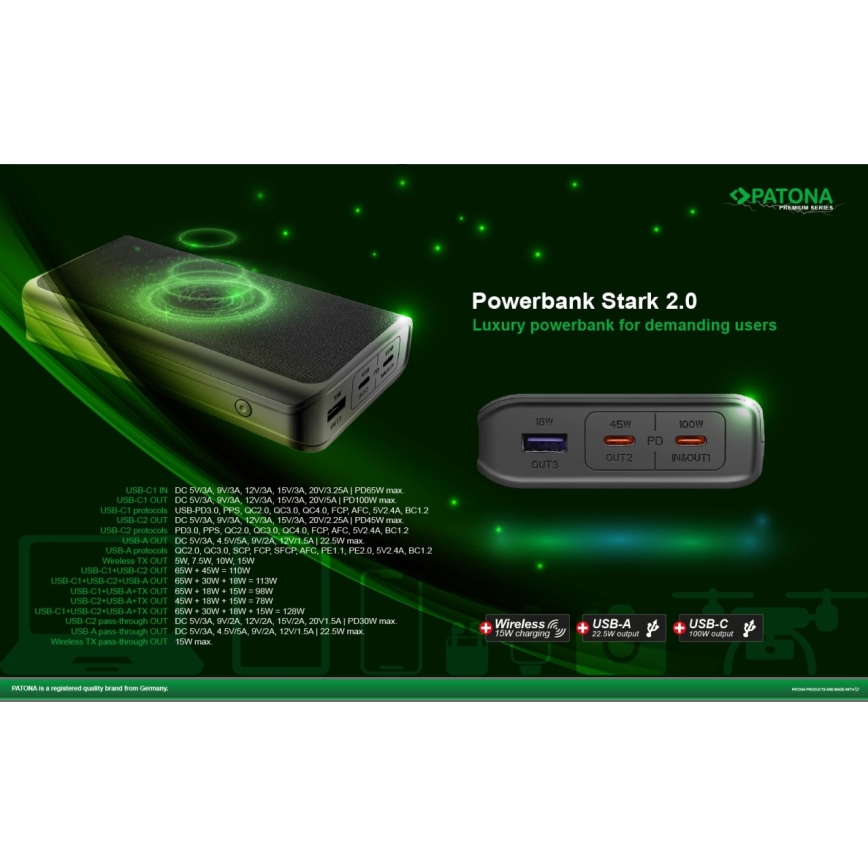 Acumulator extern 20000mAh 100W Li-lon 2xUSB-C/1x USB-A cu încărcare Qi