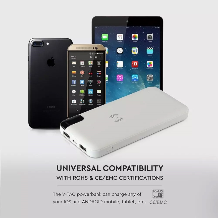 Acumulator extern 8000mAh/3,7V cu încărcare wireless și stație de andocare alb