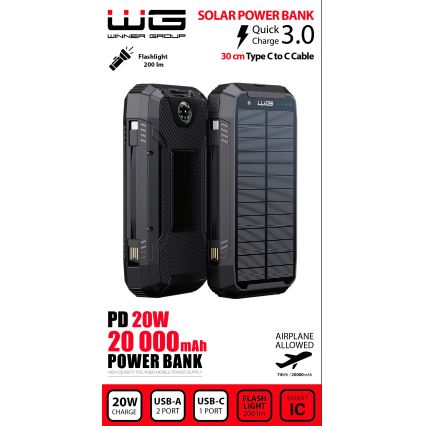 Acumulator extern cu funcție de încărcare fără fir și panou solar Winner Group 20000 mAh 20W PD