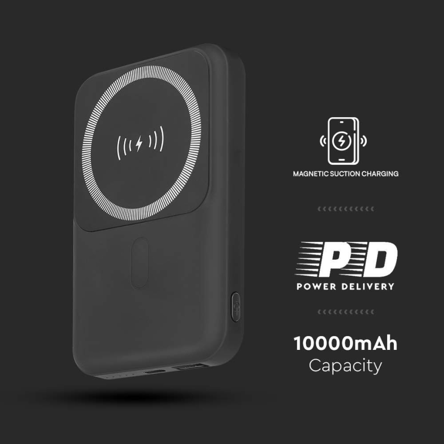 Acumulator extern magnetic cu încărcare fără fir Power Delivery 10 000mAh/20W/3,7V negru