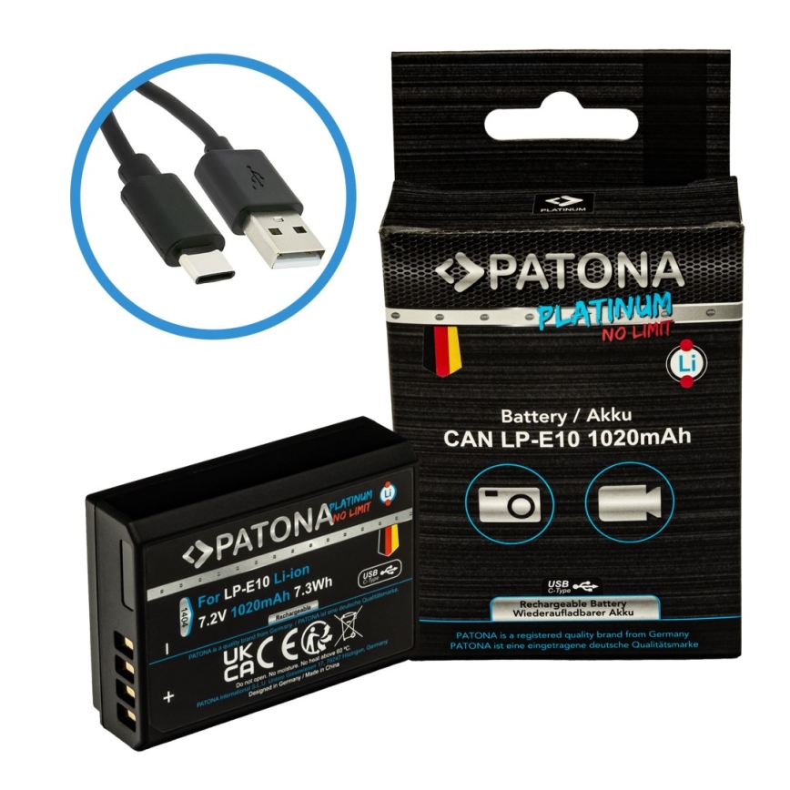 Acumulator PATONA Canon LP-E10 1020mAh Li-Ion Platinum încărcare USB-C