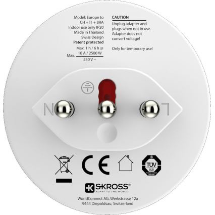 Adaptor de călătorie Brazilia/Italia/Elveția 10A SKROSS
