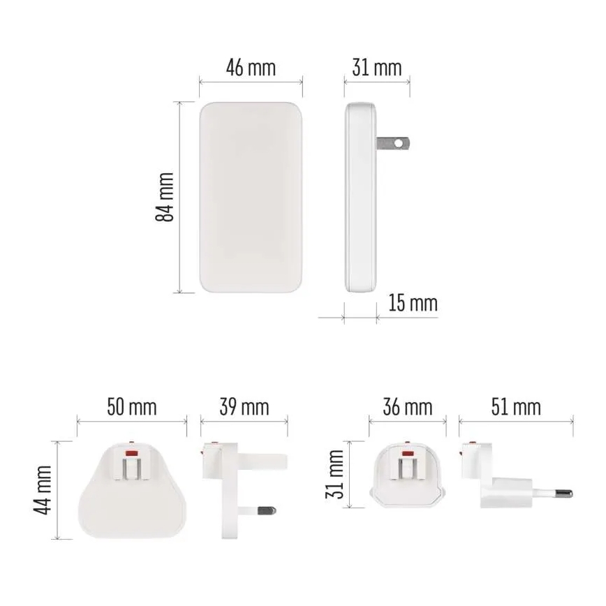 Adaptor de călătorie USB GaN, 100–250V, cu capete interschimbabile