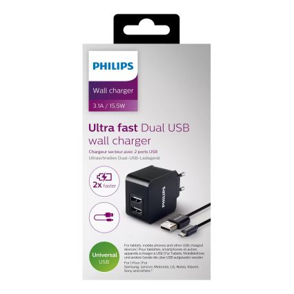 Adaptor de încărcare 2xUSB/15,5W/230V + cablu microUSB 1m Philips DLP2307U/12