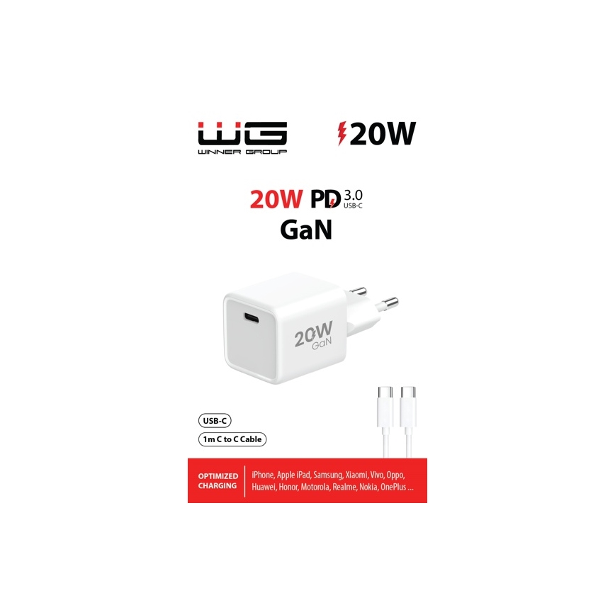 Adaptor de încărcare rapidă Winner Group 1xUSB-C PD 20W + cablu USB-C/USB-C 1m