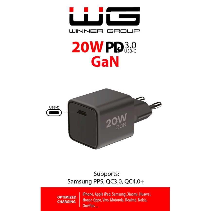 Adaptor de încărcare rapidă Winner Group 1xUSB-C Power Delivery 20W negru