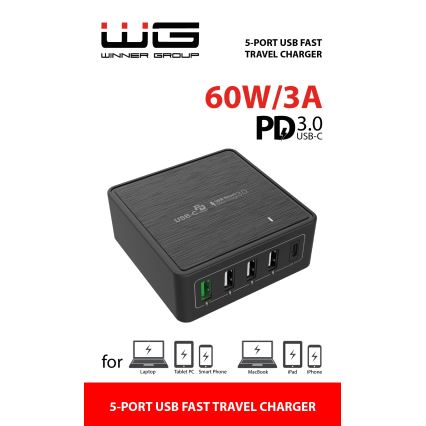 Adaptor de încărcare rapidă Winner Group 5xUSB-C Power Delivery 60W negru