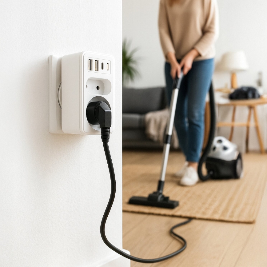 Adaptor de priză cu 2 prize + 2x USB-C + 2x USB-A