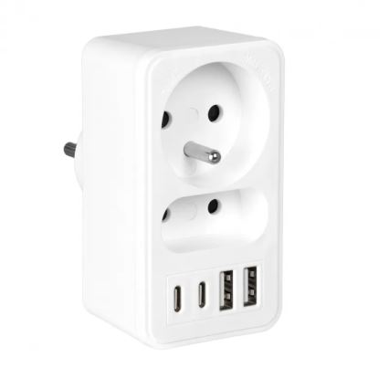 Adaptor de priză cu 2 prize + 2x USB-C + 2x USB-A