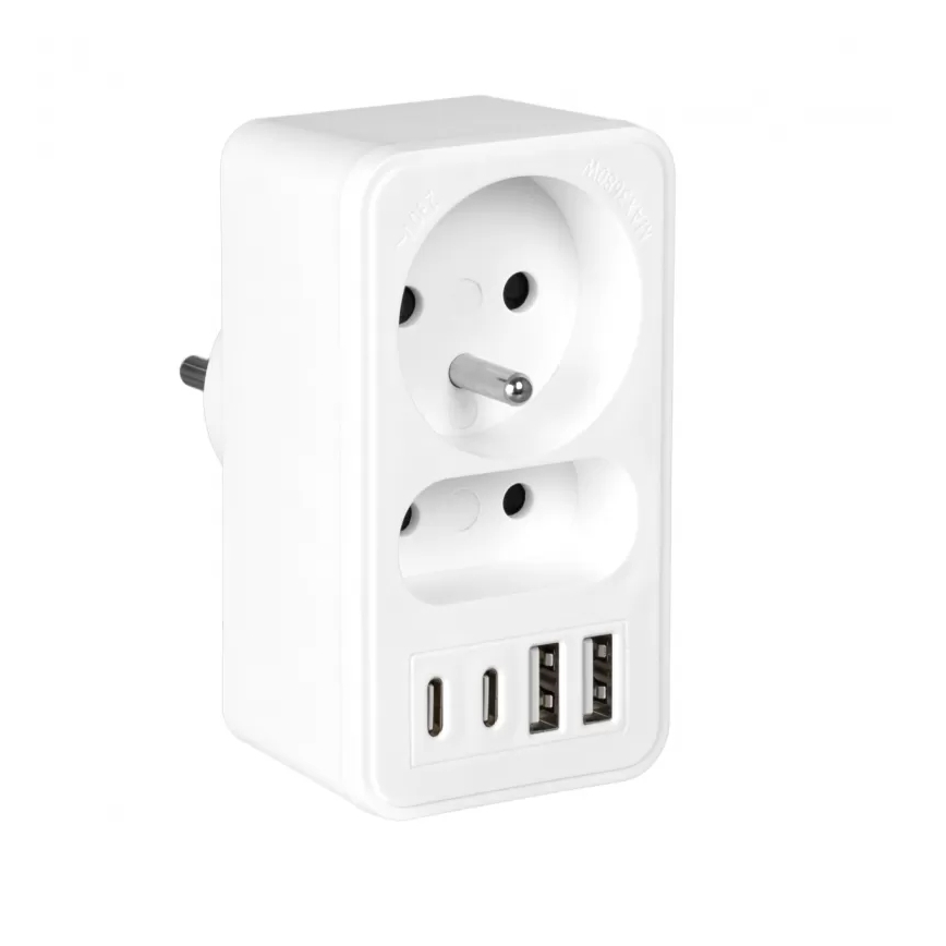 Adaptor de priză cu 2 prize + 2x USB-C + 2x USB-A