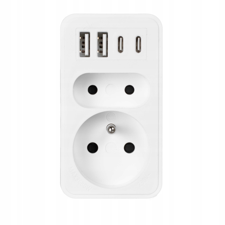 Adaptor de priză cu 2 prize + 2x USB-C + 2x USB-A