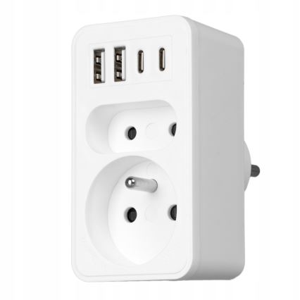 Adaptor de priză cu 2 prize + 2x USB-C + 2x USB-A
