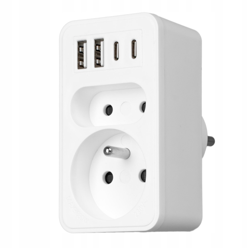 Adaptor de priză cu 2 prize + 2x USB-C + 2x USB-A