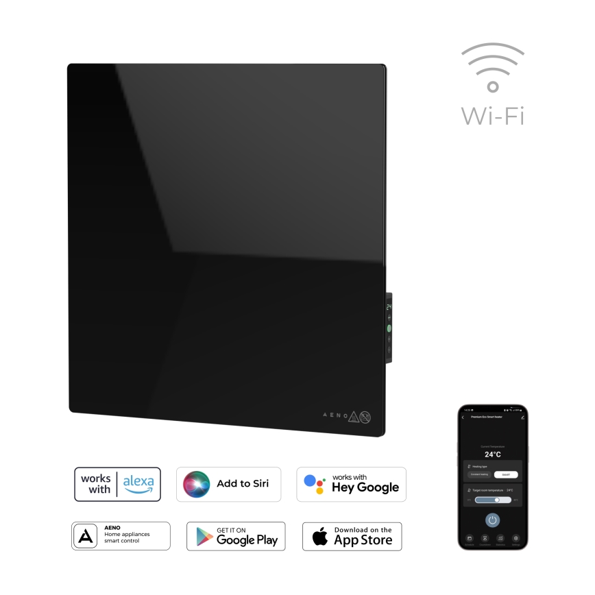 AENO - Panou electric inteligent cu infraroșu 500 W, temporizator/termostat Wi‑Fi, negru