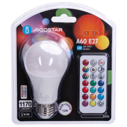 Aigostar - Bec LED RGBW reglabil E27, 12 W, 230 V, 3000 K + telecomandă