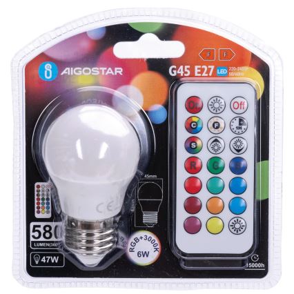 Aigostar - Bec LED RGBW reglabil G45 E27/6W/230V 3000K + telecomandă