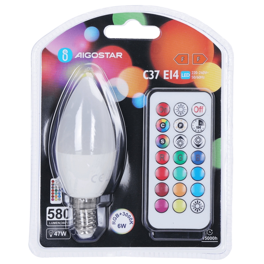 Aigostar - Bec LED RGBW reglabil C37 cu soclu E14, 6W, 230V, 3000K + telecomandă