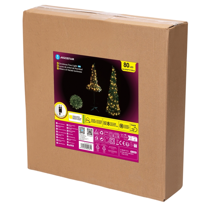 Aigostar - Brad de Crăciun LED pentru exterior, 1,2 m, 80 LED, IP44, verde, alb cald