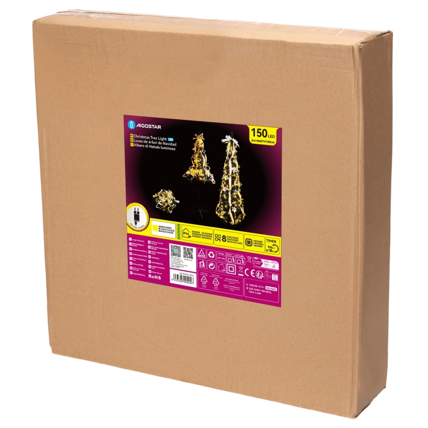 Aigostar - Brad de Crăciun LED de exterior, 150 LED, 1,8 m, IP44, alb/auriu, lumină albă caldă