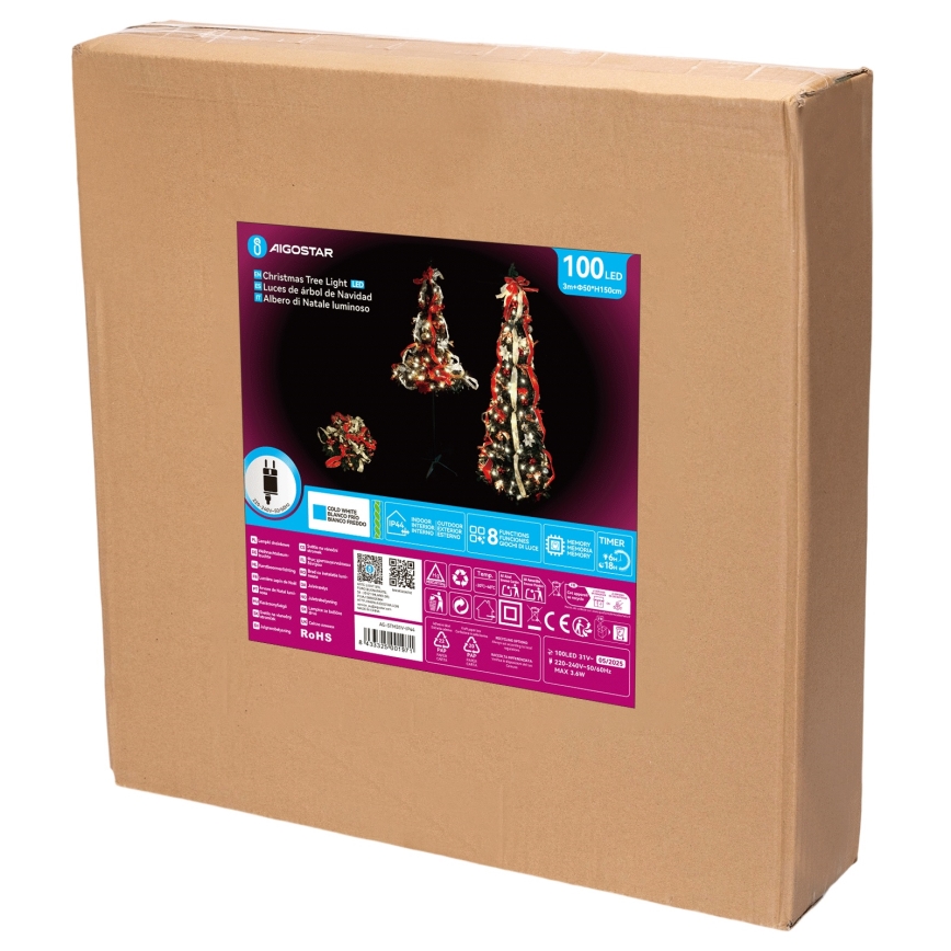 Aigostar - Brad de Crăciun LED pentru exterior, 100 LED, 1,5 m, IP44, roșu și alb rece