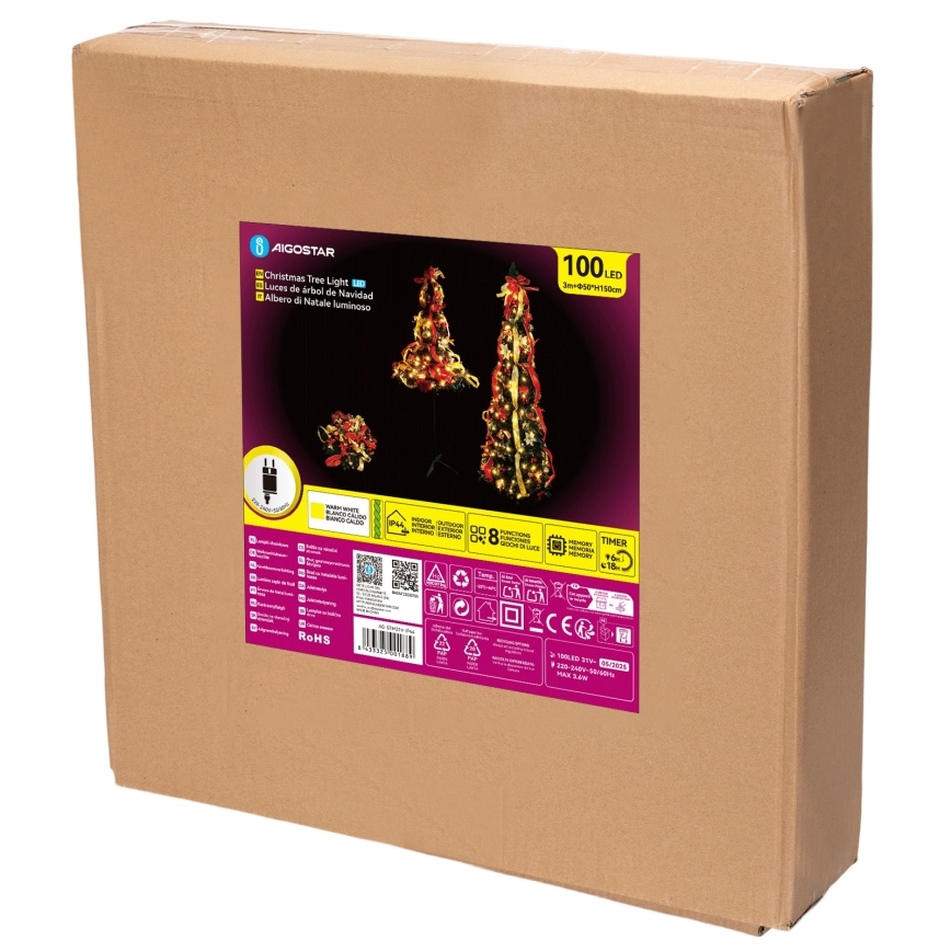 Aigostar - Brad LED de Crăciun pentru exterior, 100 LED, 1,5 m, IP44, roșu/auriu, alb cald