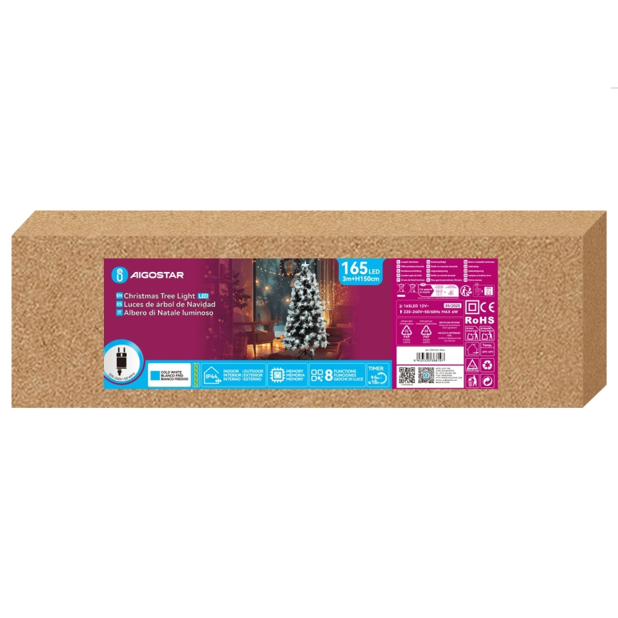 Aigostar - Brad de Crăciun LED pentru exterior, 165 LED, 8 funcții, 1,5 m, IP44, alb rece