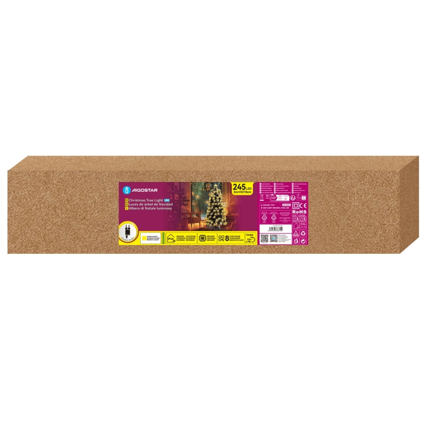 Aigostar - Brad de Crăciun LED de exterior, 245 LED/8 funcții, 2,1 m, IP44, alb cald