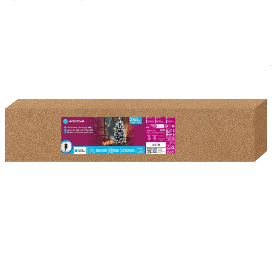 Aigostar - Brad de Crăciun LED pentru exterior, 245 LED, 8 funcții, 2,1 m, IP44, alb rece