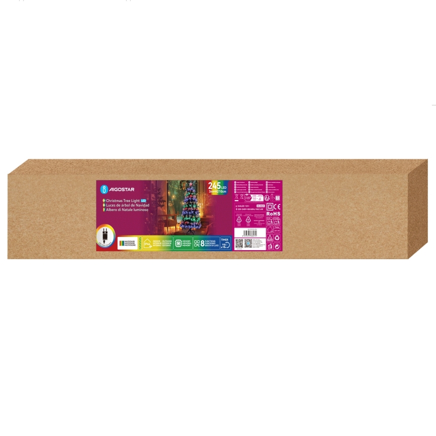 Aigostar - Brad de Crăciun LED pentru exterior, 245 LED/8 funcții, 2,1 m, IP44, multicolor