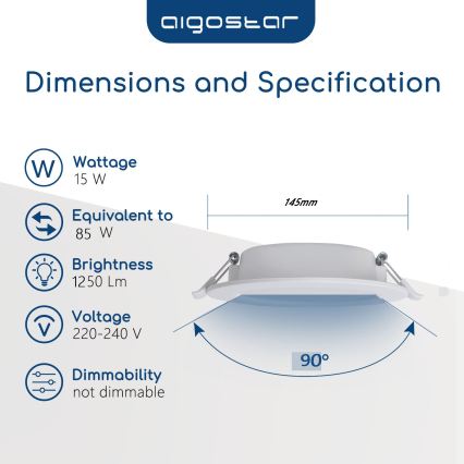 Aigostar - Corp de iluminat LED încastrat pentru baie LED/15W/230V 4000K IP44 Ø 14,5 cm alb