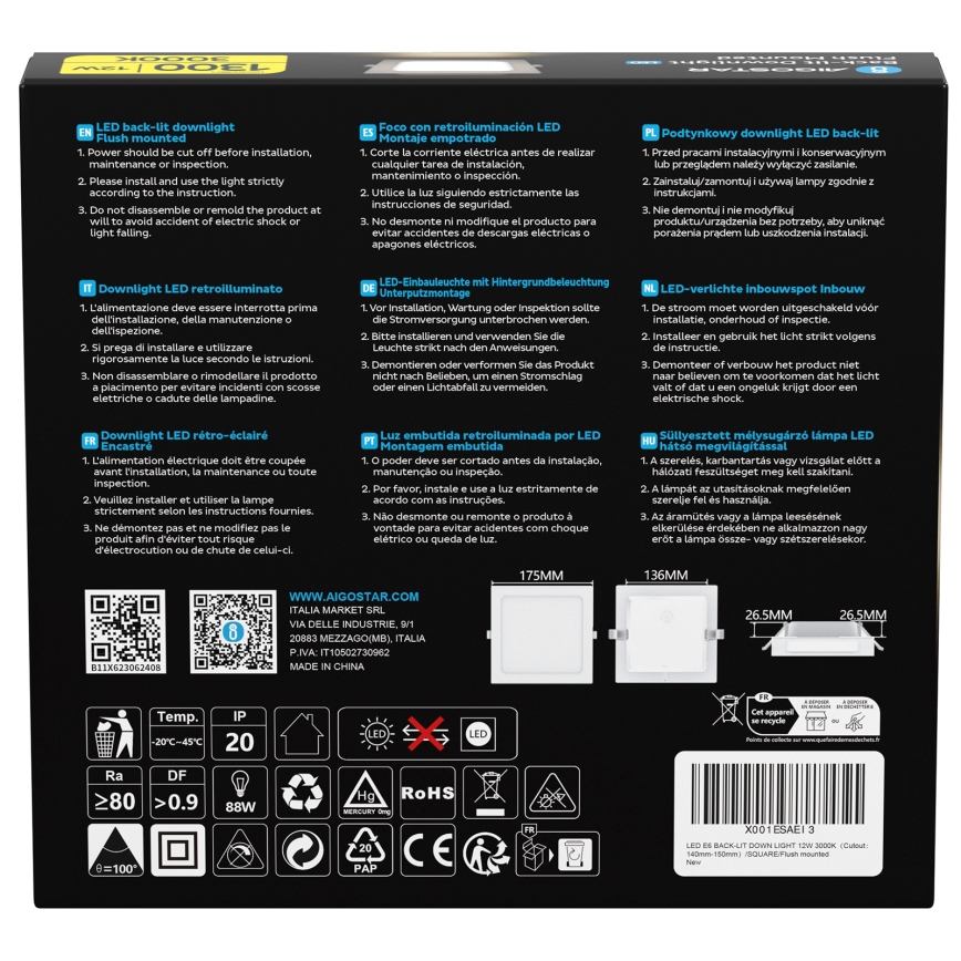 Aigostar - Corp LED încastrat 12W/230V 3000K 17,5x17,5 cm alb