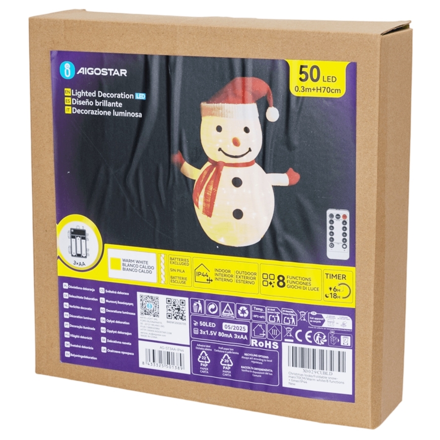 Aigostar - Decorațiune LED de exterior pentru Crăciun 50xLED/3xAA 0,7m IP44 om de zăpadă + telecomandă