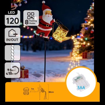 Aigostar - Decorațiune LED de exterior pentru Crăciun 120xLED/3xAA/8 funcții 80 cm IP44 Santa/alb cald