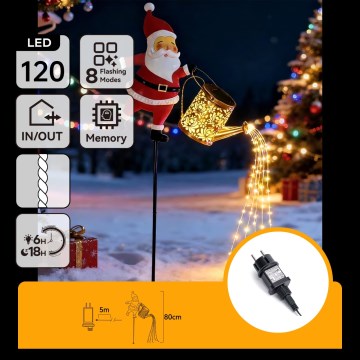 Aigostar - Decorațiune LED exterioară de Crăciun 120xLED/8 funcții 80 cm IP44 Santa/alb cald