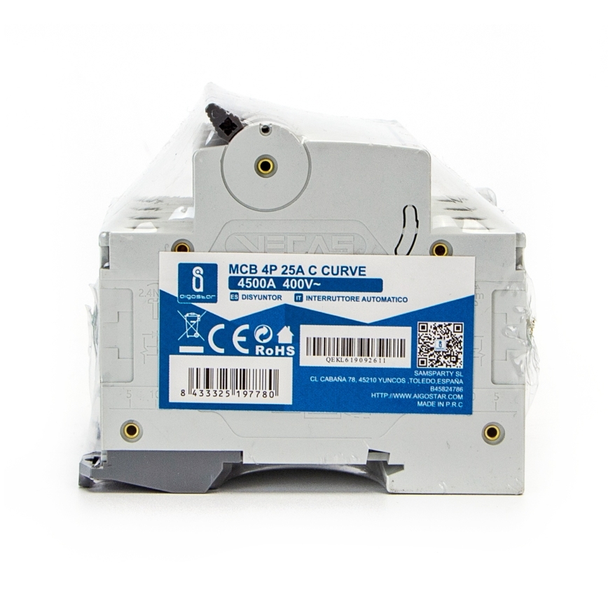 Aigostar - Disjunctor automat 4 poli, 25 A, curba C, 400 V