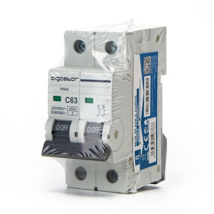 Aigostar - Disjunctor bipolar (2P), 63 A, caracteristică C, 230-400 V
