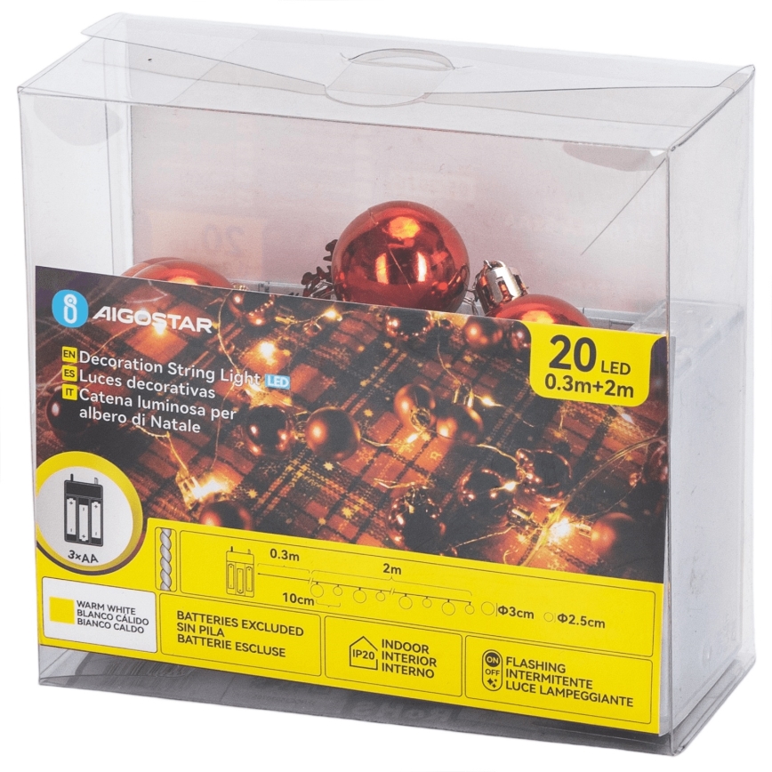 Aigostar - Ghirlandă cu LED, 20 LED, 3x AA, 2 m, alb cald