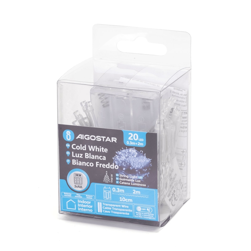 Aigostar - Ghirlandă de Crăciun cu LED 20xLED/3xAA 2,3m albă rece