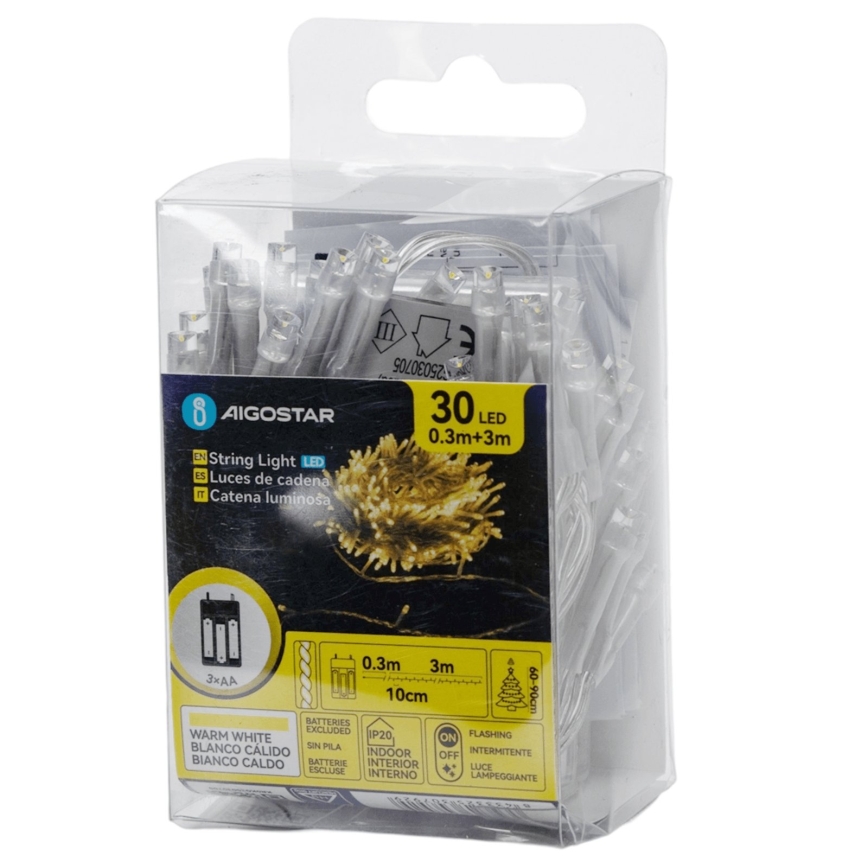 Aigostar - Ghirlandă de Crăciun cu LED 30xLED/3xAA 3,3m alb cald