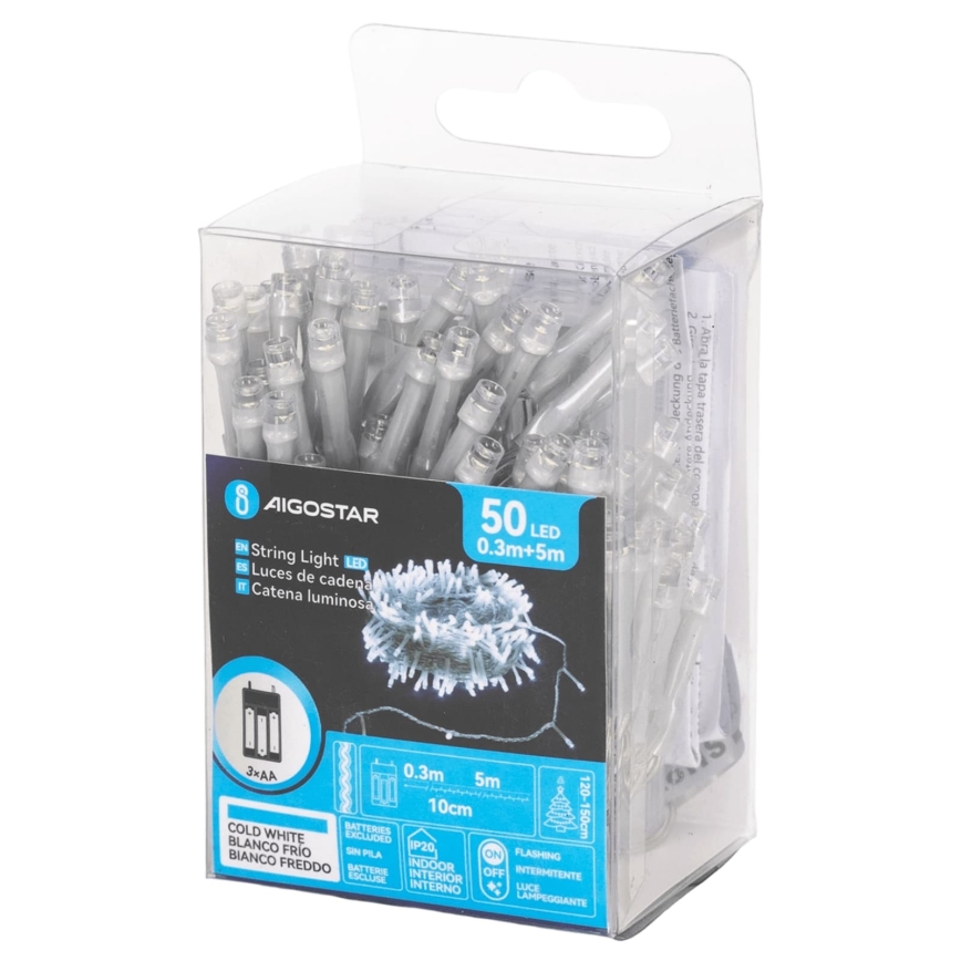 Aigostar - Ghirlandă de Crăciun cu LED 50xLED/3xAA 5,3m alb rece