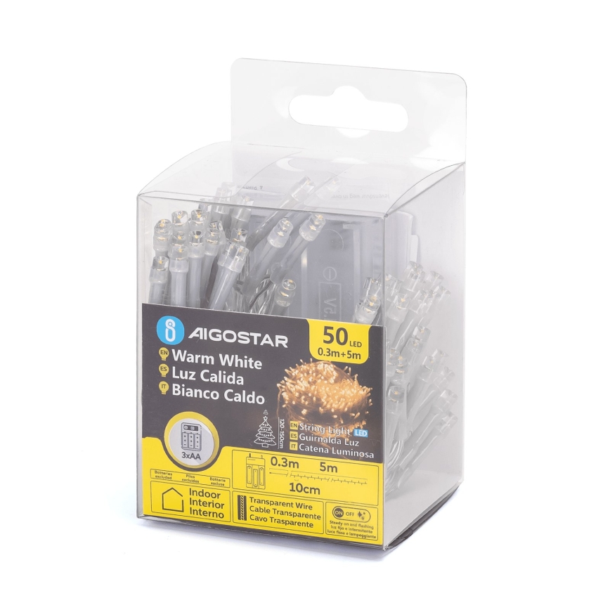 Aigostar - Ghirlandă de Crăciun LED 50xLED/3xAA 5,3m alb cald