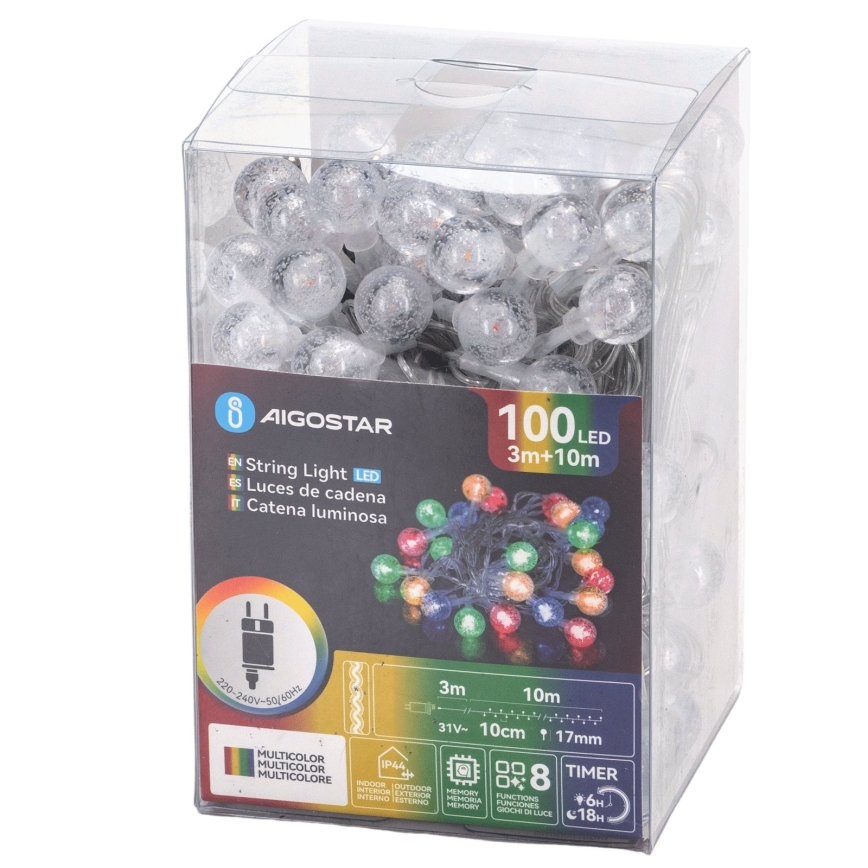 Aigostar - Ghirlandă de Crăciun LED pentru exterior, 100 LED/8 funcții, 13 m, IP44, multicoloră