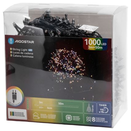 Aigostar - Ghirlandă de Crăciun LED pentru exterior, 1000 LED, 8 funcții, 53 m, IP44, multicoloră