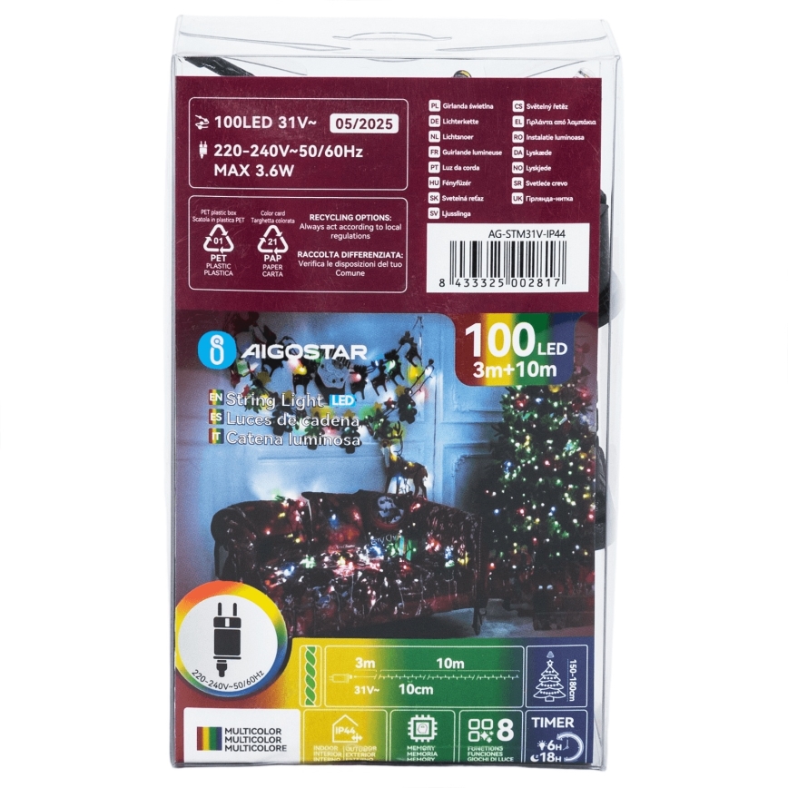 Aigostar - Ghirlandă de Crăciun LED pentru exterior, 100xLED/8 funcții, 13m, IP44, multicoloră