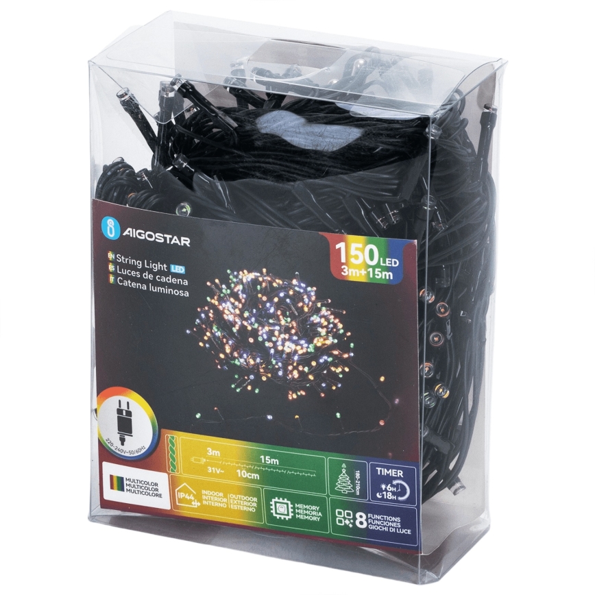 Aigostar - Ghirlandă de Crăciun LED pentru exterior, 150 LED-uri, 8 funcții, 18 m, IP44, multicolor