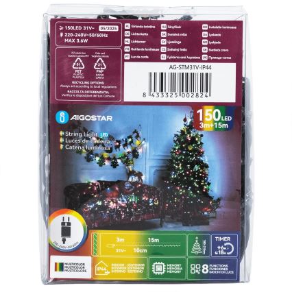 Aigostar - Ghirlandă de Crăciun LED pentru exterior, 150 LED-uri, 8 funcții, 18 m, IP44, multicolor
