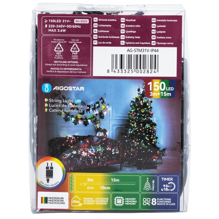 Aigostar - Ghirlandă de Crăciun LED pentru exterior, 150 LED-uri, 8 funcții, 18 m, IP44, multicolor