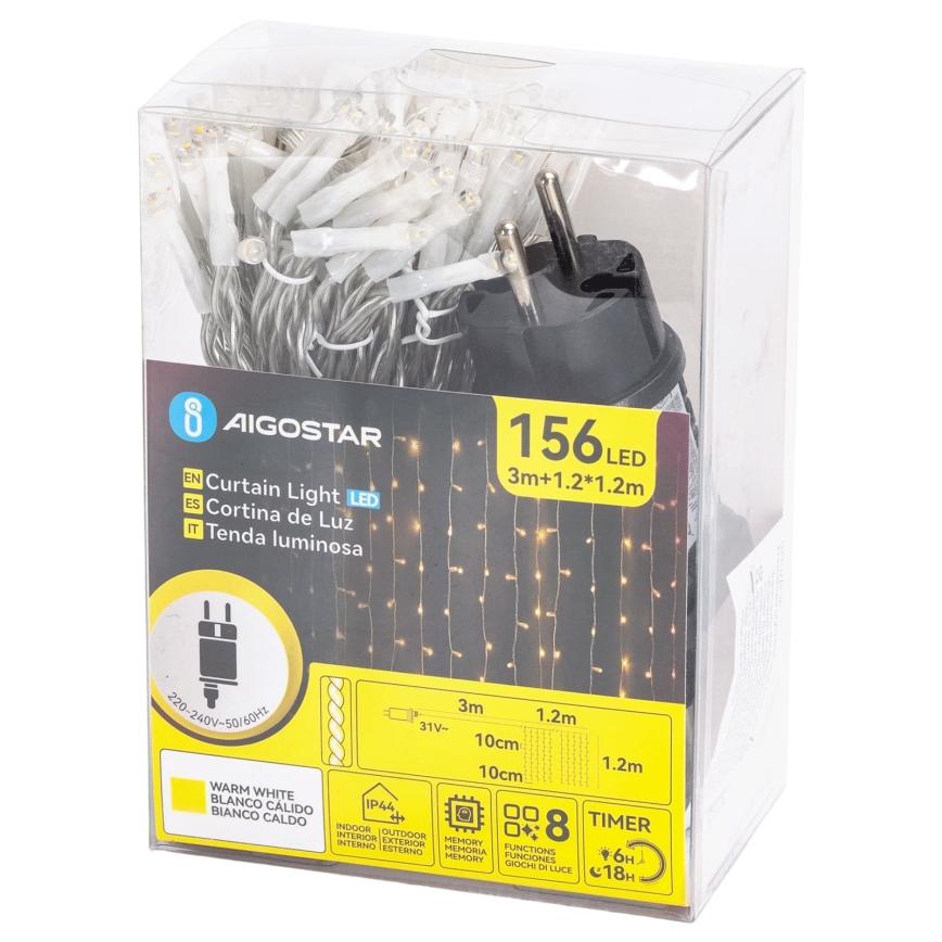 Aigostar - Ghirlandă de Crăciun LED pentru exterior 156xLED/8 funcții 4,2x1,2m IP44 alb cald