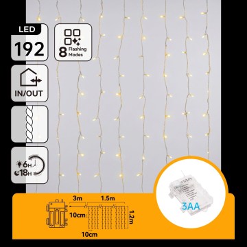 Aigostar - Ghirlandă de Crăciun LED pentru exterior 192xLED/8 funcții 3xAA 4,5x1,2m IP44 alb cald